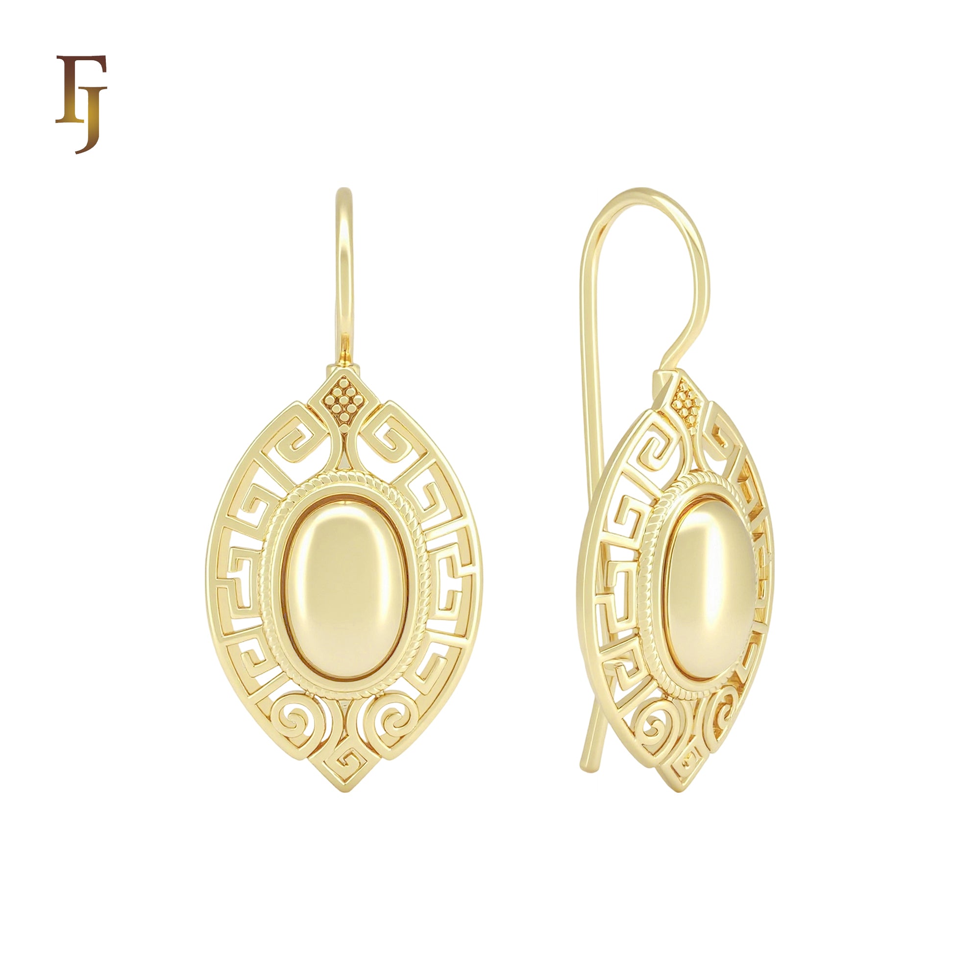 Marquise Greek Key Beaded Eye 14K Gold Wire Hook Earrings