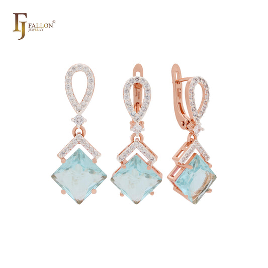 Conjunto de joyas de oro rosa con colgante en forma de rombo colgante de circonita azul lago con banda de circonitas blancas