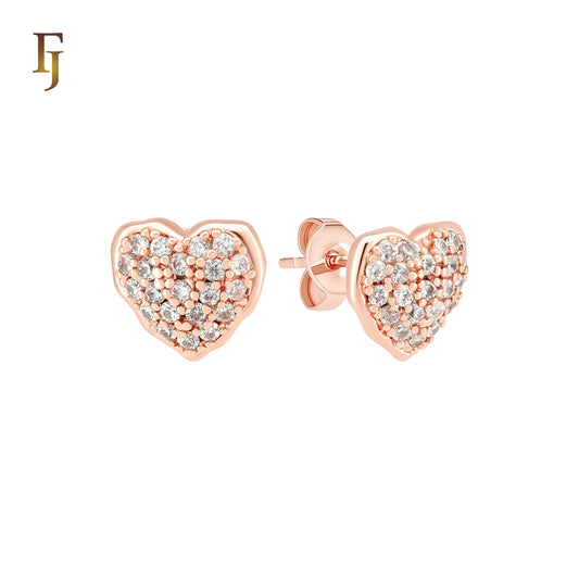 Heart of white CZs paved cluster 14K Gold, Rose Gold Stud Earrings