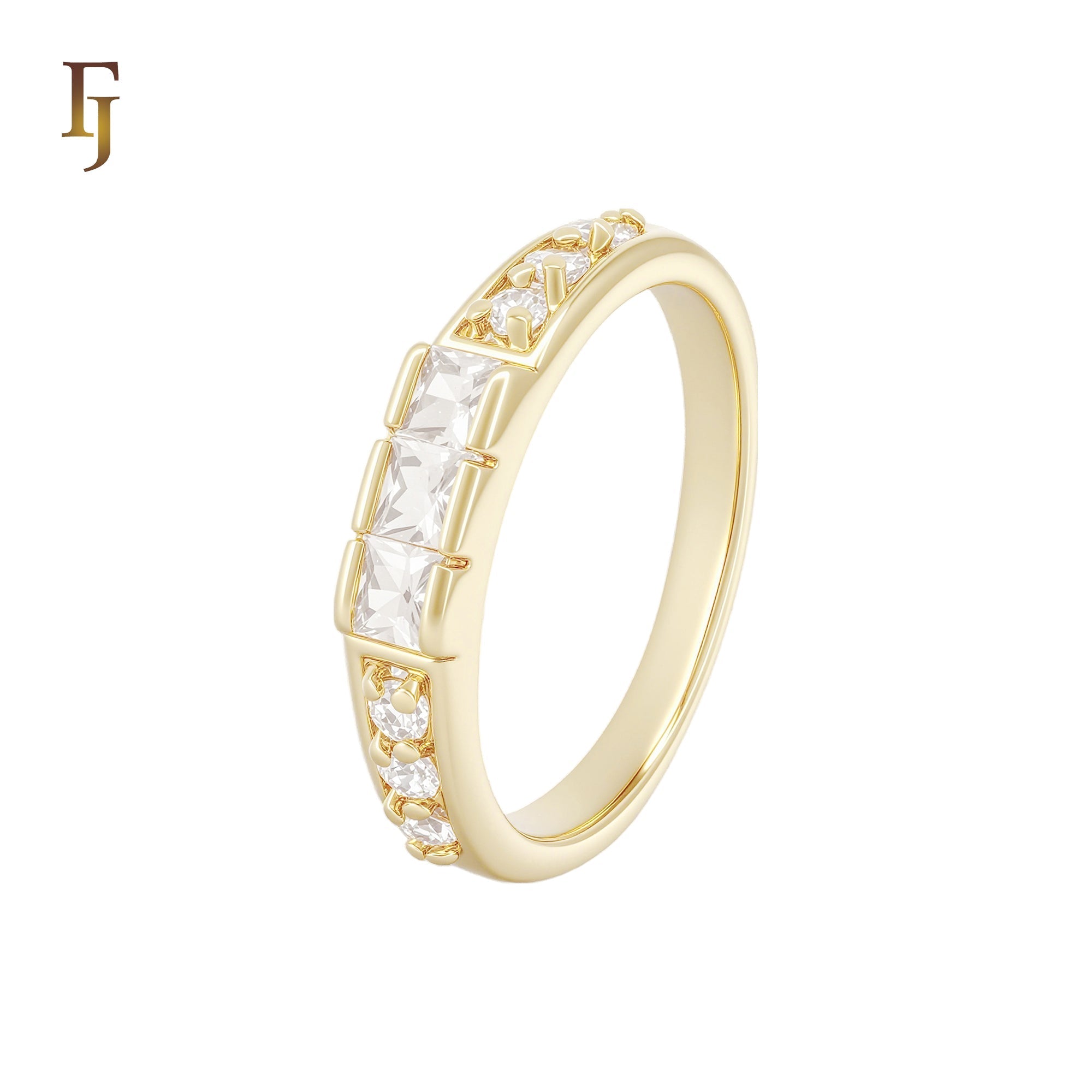 White CZs Baguette Rounded 14K Gold Wedding Set Engagement and Band Rings