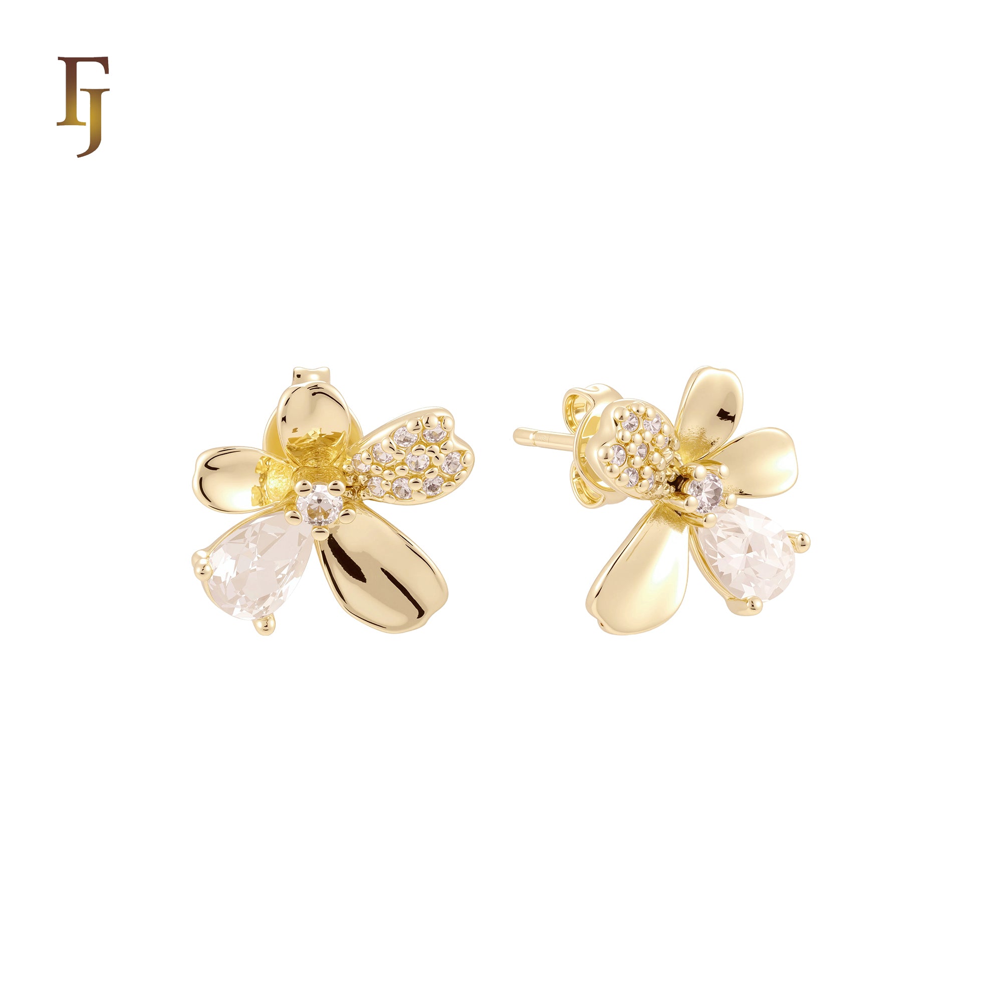 Flower blooming of petals of white CZs 14K Gold, Rose Gold Stud Earrings