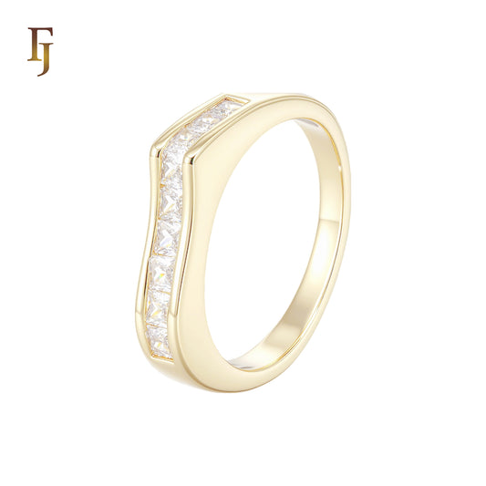 Curved Baguette white CZs cluster 4mm 14K Gold Wedding Band Rings