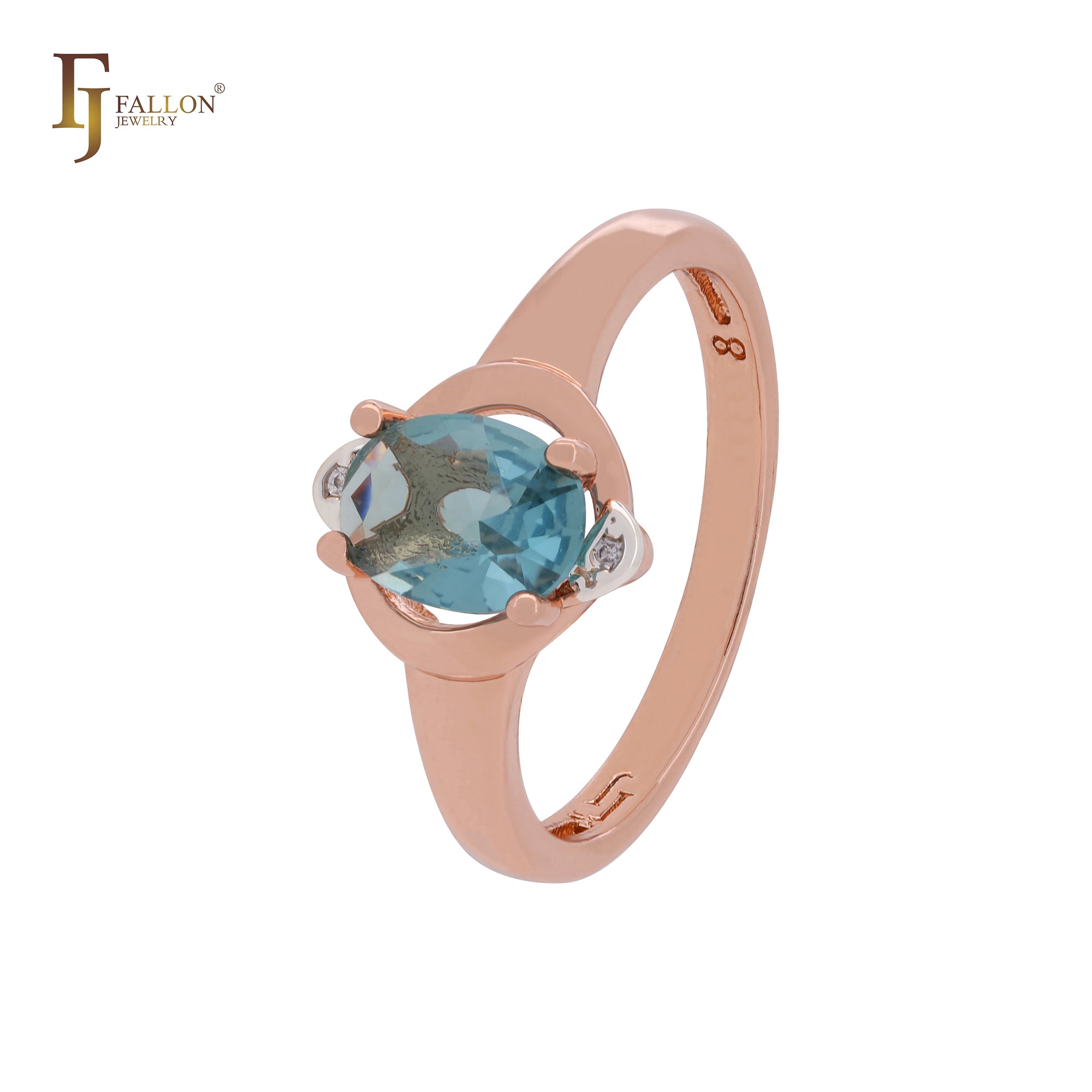 Anillo de compromiso de oro rosa en dos tonos con circonita cúbica azul lago y solitario ovalado