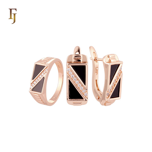 Double triangular Black onyx Rose Gold Jewelry Set with Rings