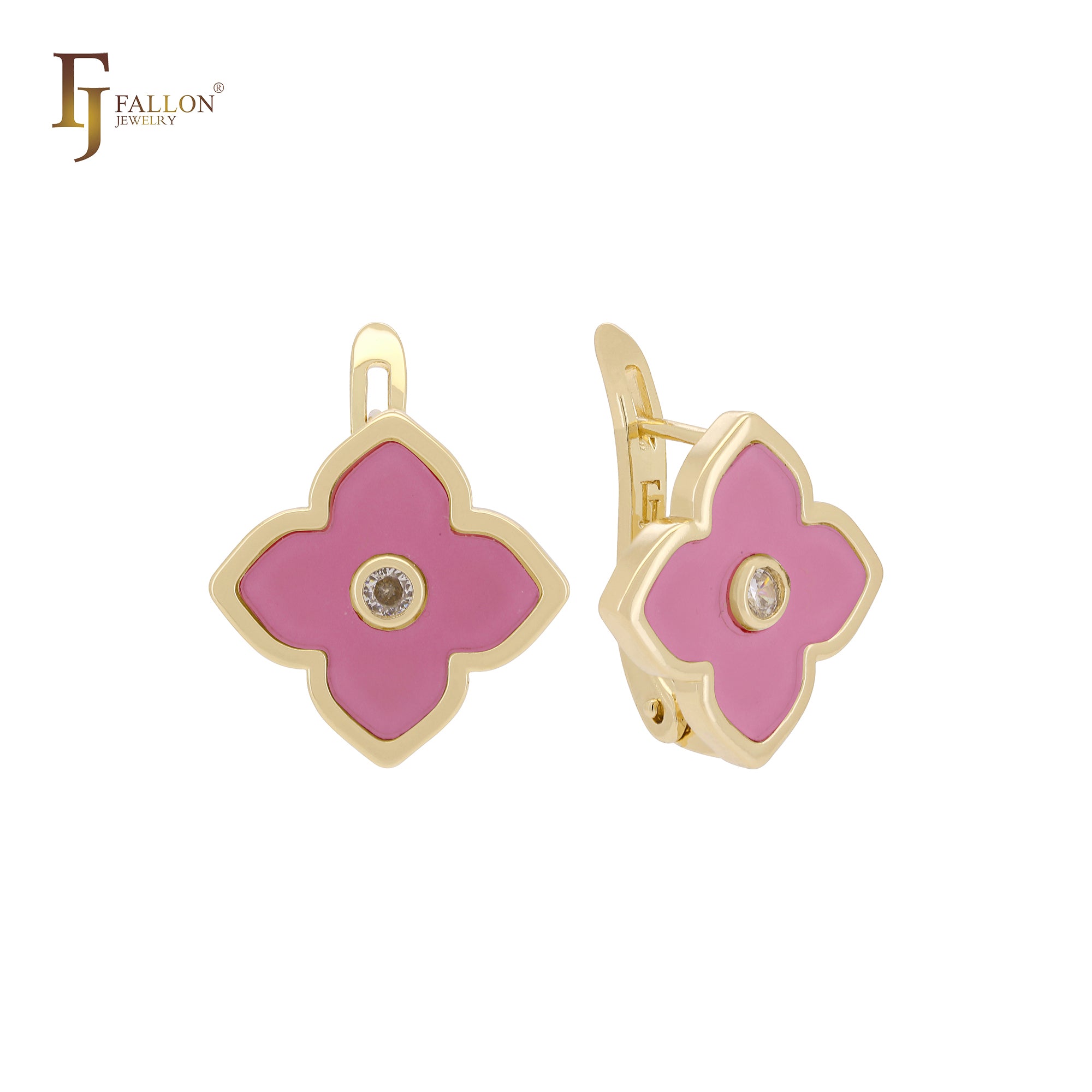Pendientes de clip de oro rosa con trébol de la suerte de color blanco o negro de loto
