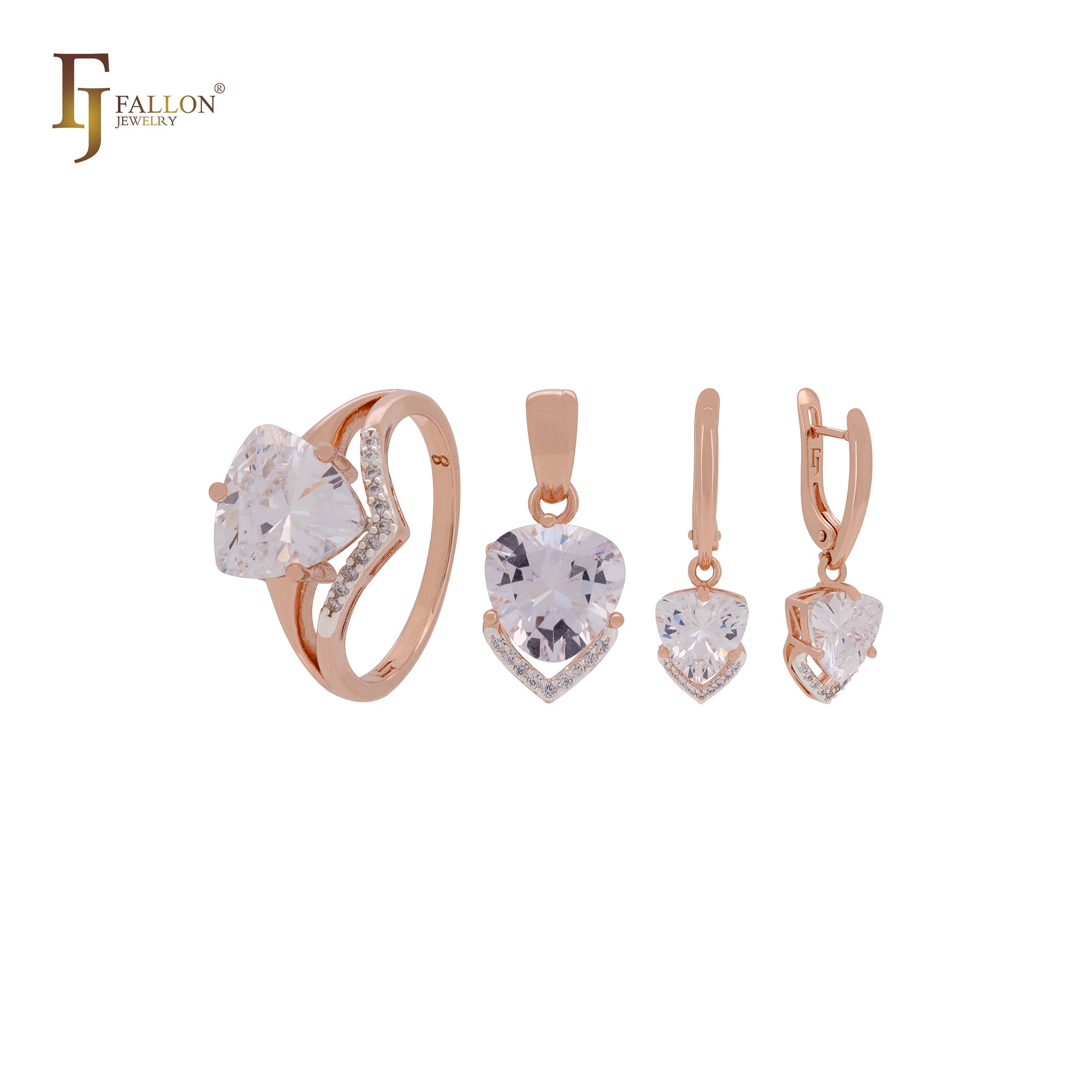 Conjunto de joyas de oro rosa de dos tonos con circonitas blancas triangulares y flecha de circonitas blancas, anillos y colgante.