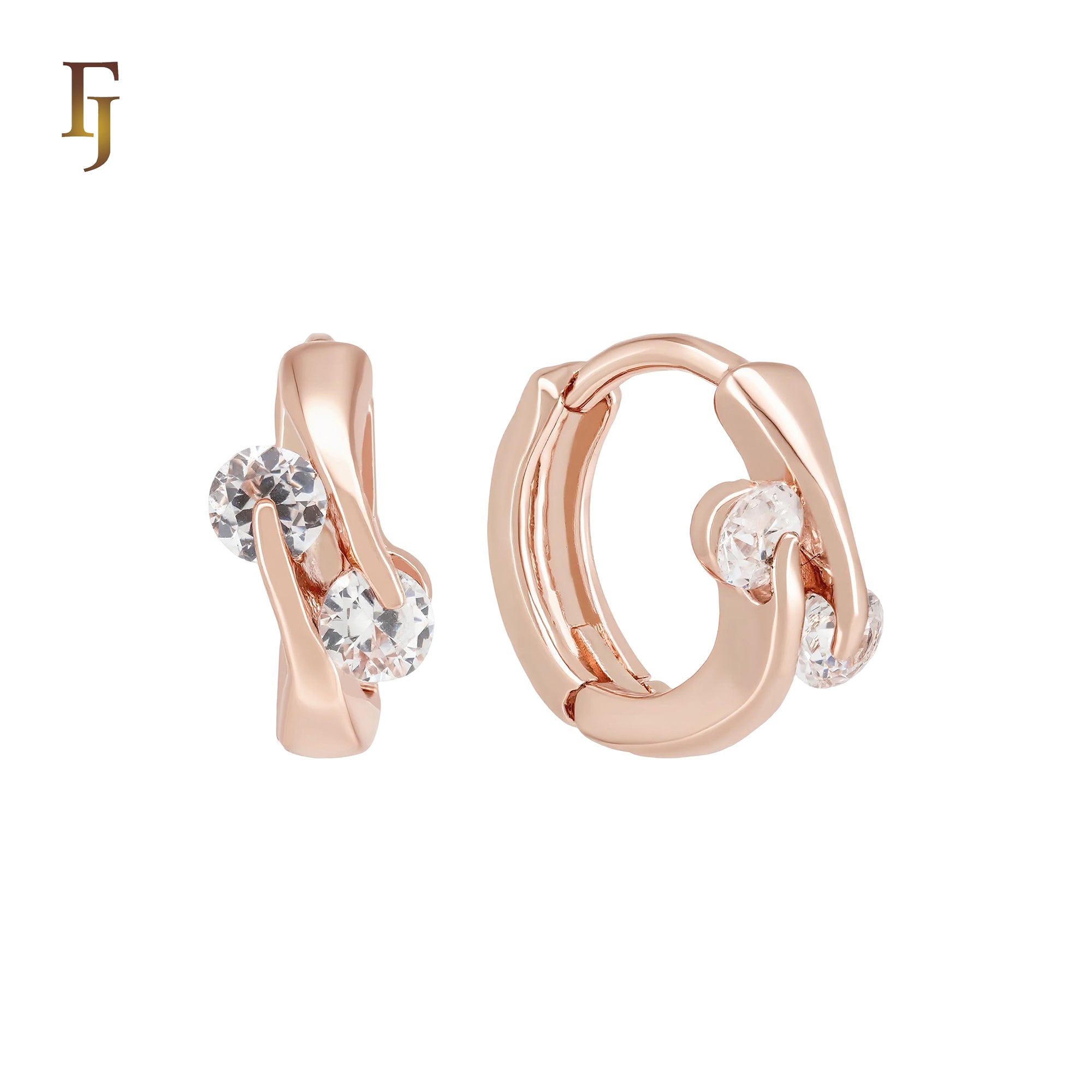 Double clawed white CZs crossing 14K Gold, Rose Gold Huggie Earrings