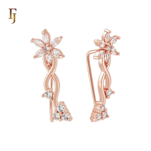 Branches of flower white CZs Rose Gold Crawler Ear Climber Earrings