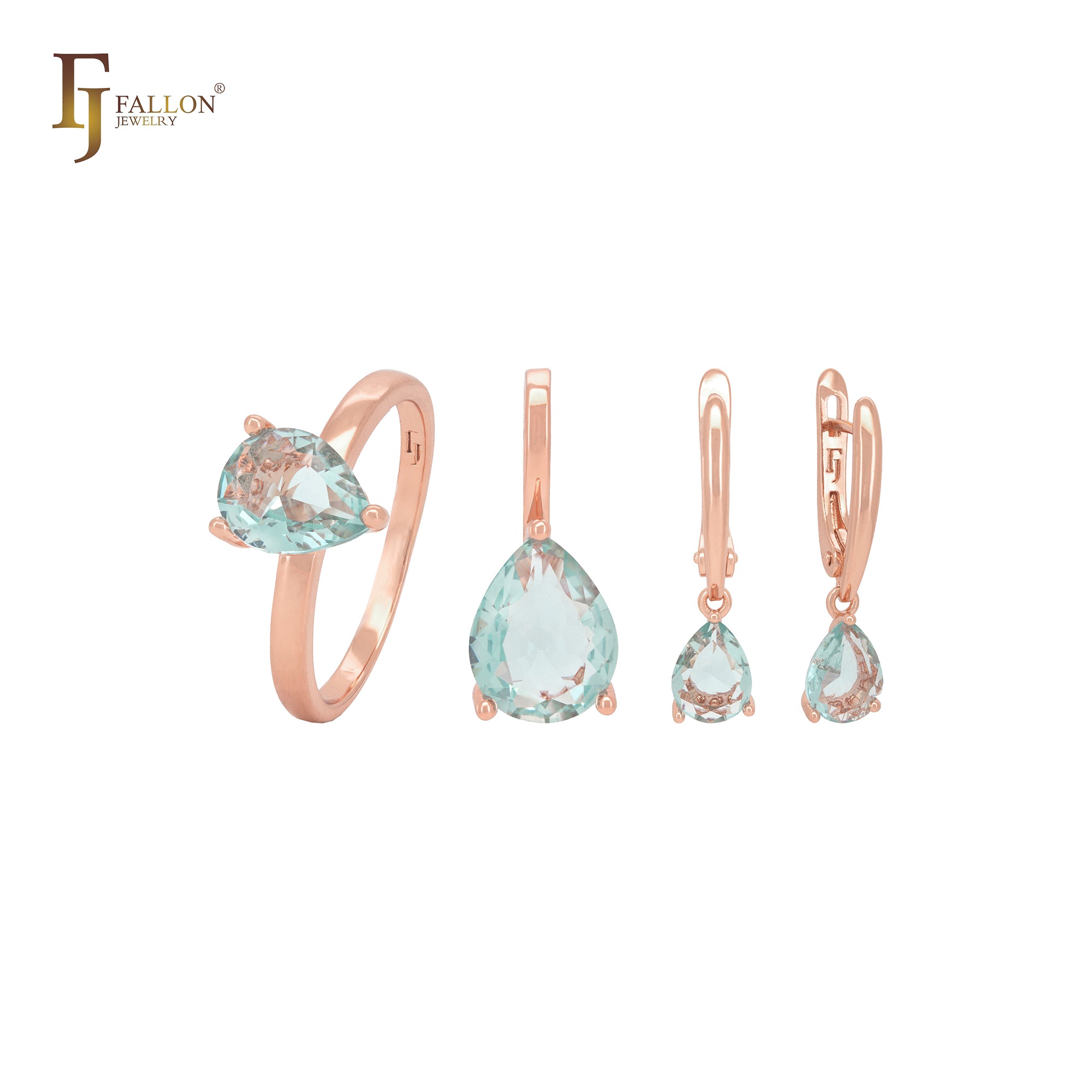 Conjunto de joyas de oro rosa con circonita cúbica verde manzana y anillos