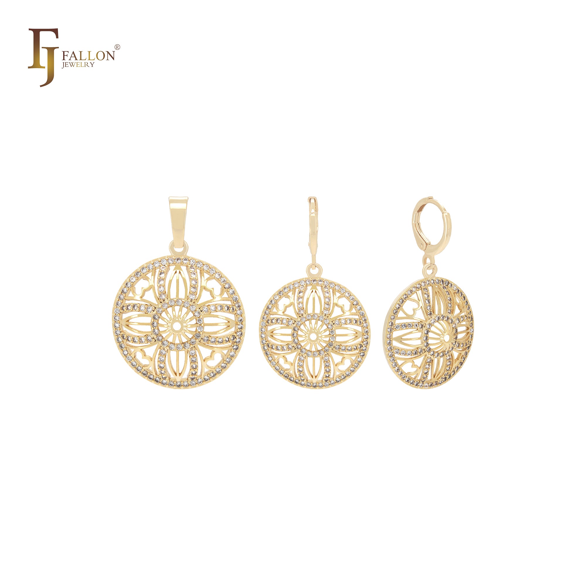 Conjunto de joyería de oro de 14 quilates con colgante y círculo redondeado de filigrana y circonitas blancas