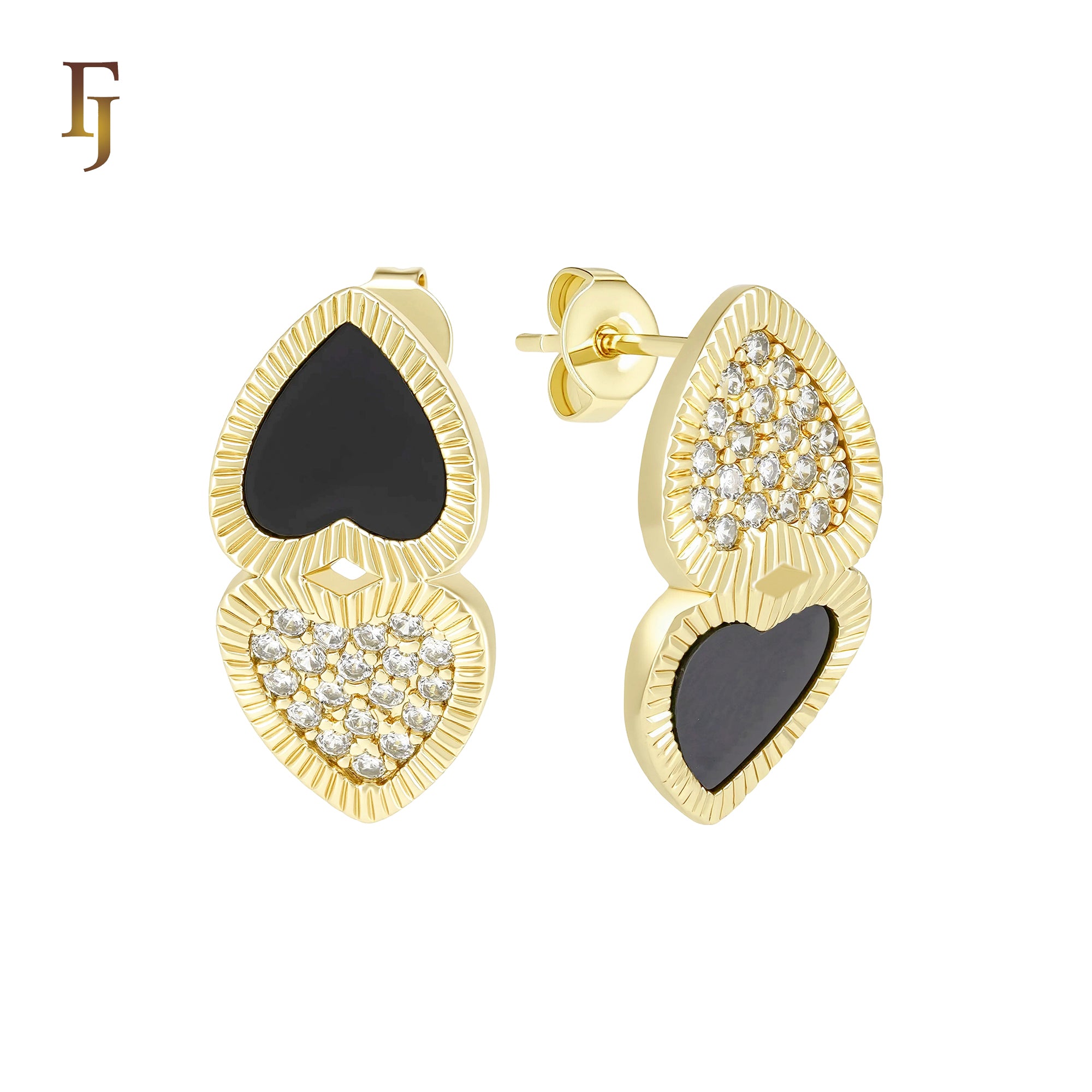 Hearty Heart double disc of white or black onyx and white CZs cluster 14K Gold, Rose Gold Stud Earrings