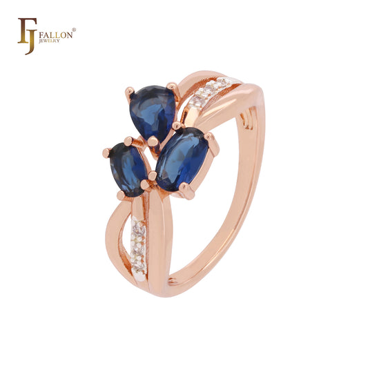 Anillos de moda en oro rosa con triple grupo de circonitas ovaladas de color azul profundo