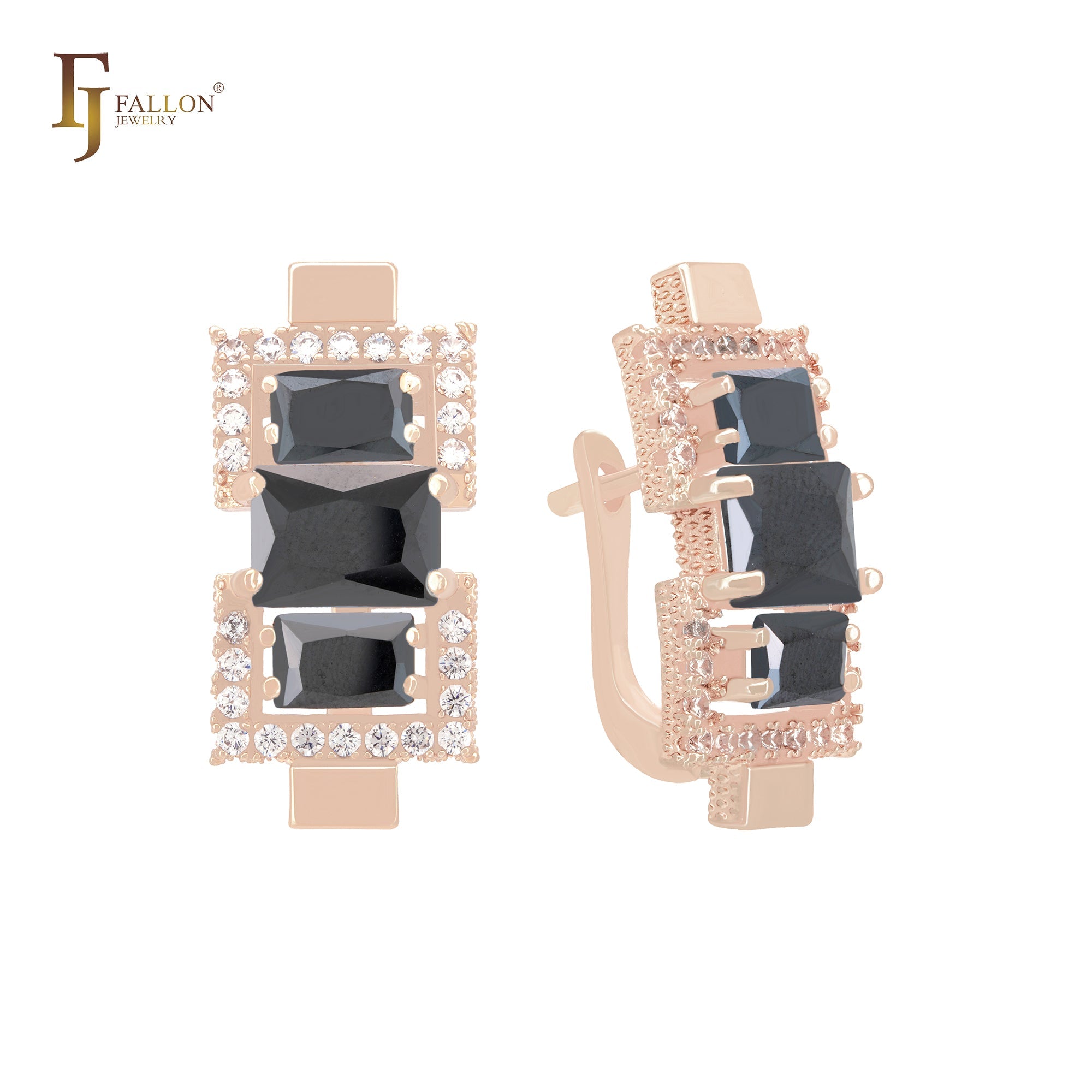 Triple baguette lake blue CZs cluster 14K Gold, Rose Gold Russian Lock Earrings
