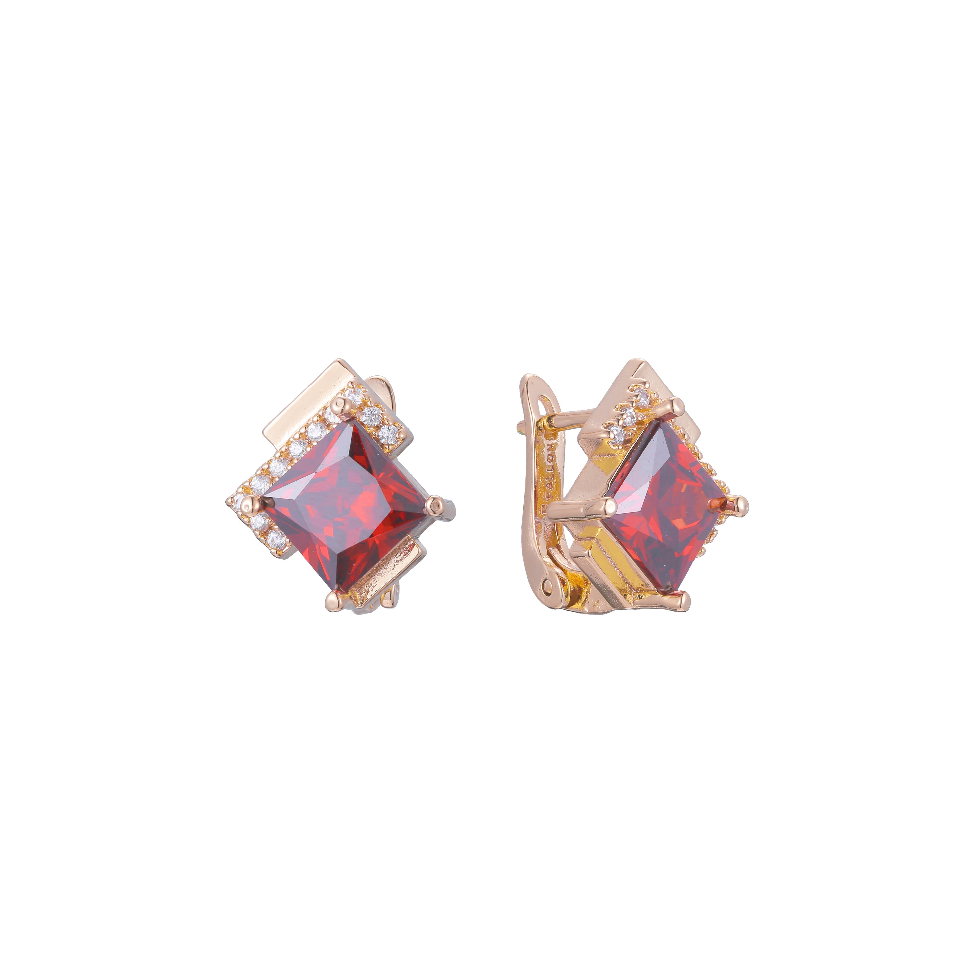 Aretes solitarios de piedra grande talla esmeralda en colores baño de Oro 14K, Oro 18K, Oro Rosa
