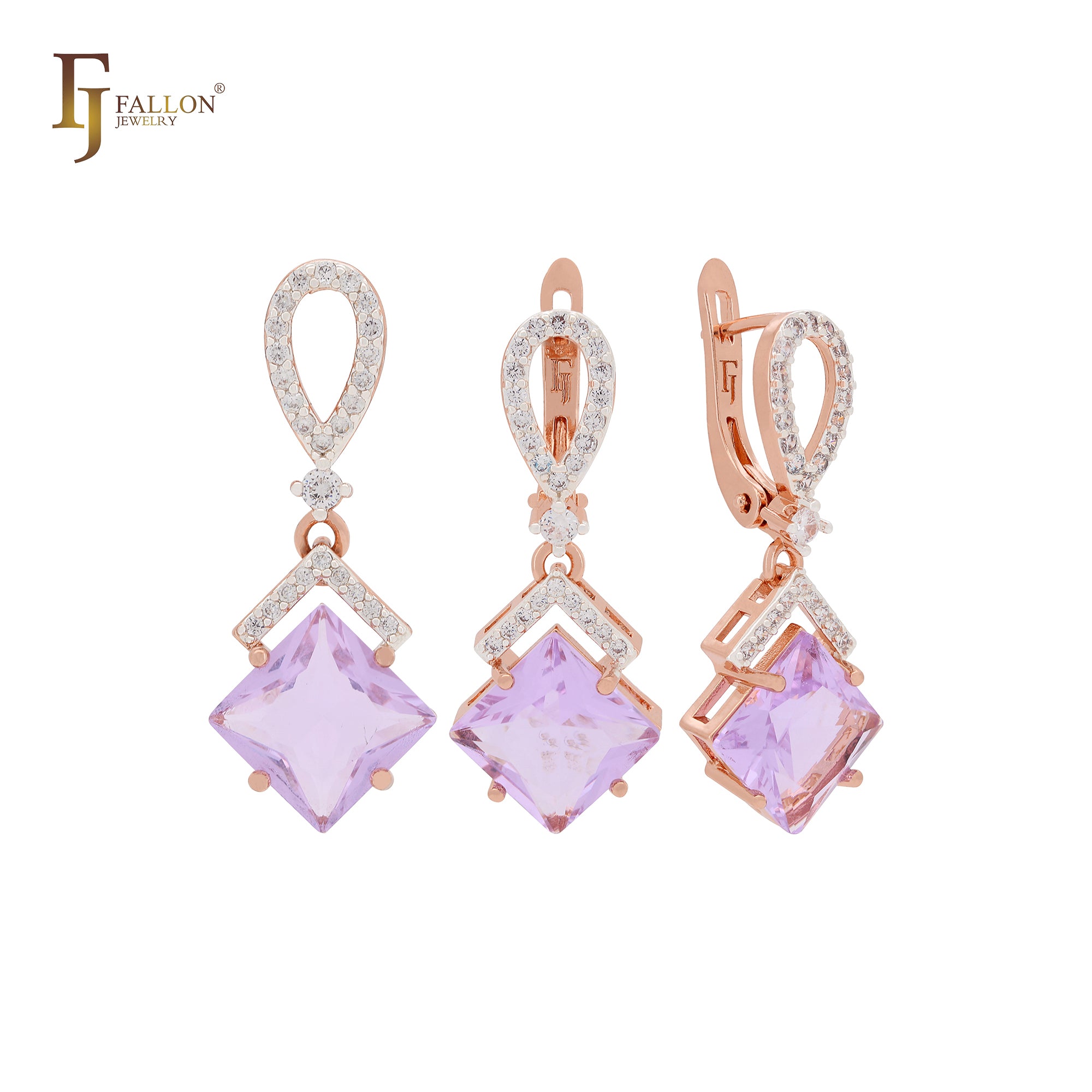 Conjunto de joyas de oro rosa con colgante en forma de rombo colgante de circonita azul lago con banda de circonitas blancas