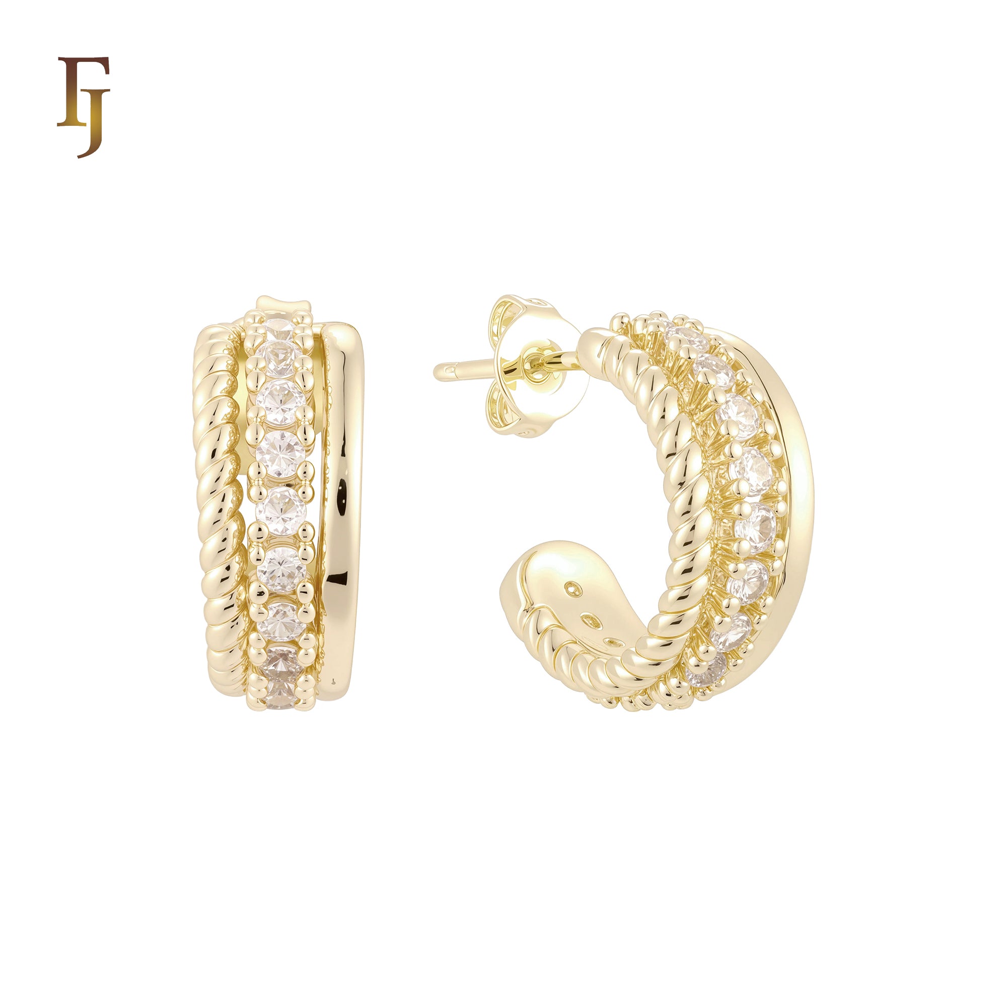 Rope and white Czs Row 14K Gold, Rose Gold C Hoop Stud Earrings