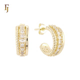 Rope and white Czs Row 14K Gold, Rose Gold C Hoop Stud Earrings
