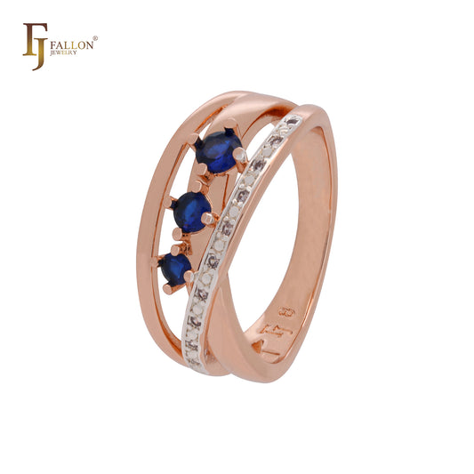 Anillos de moda en oro rosa de dos tonos con circonitas azules triples y circonitas blancas