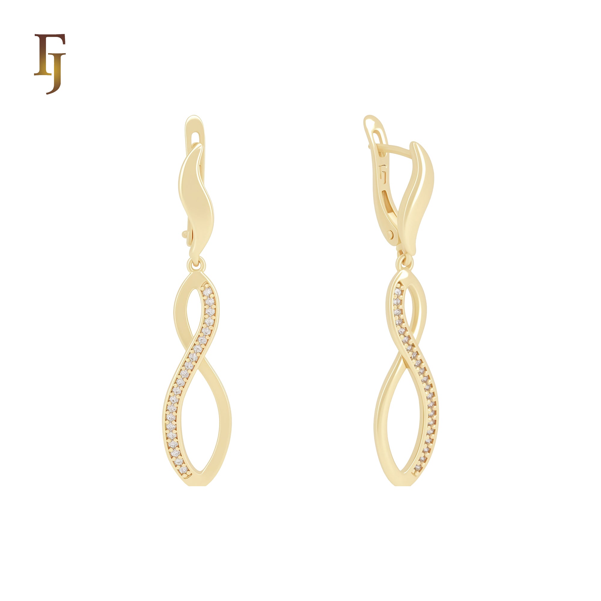 Infinity pointed end white Czs Paved 14K Gold, Rose Gold Russian Lock Earrings