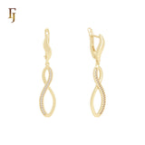 Infinity pointed end white Czs Paved 14K Gold, Rose Gold Russian Lock Earrings