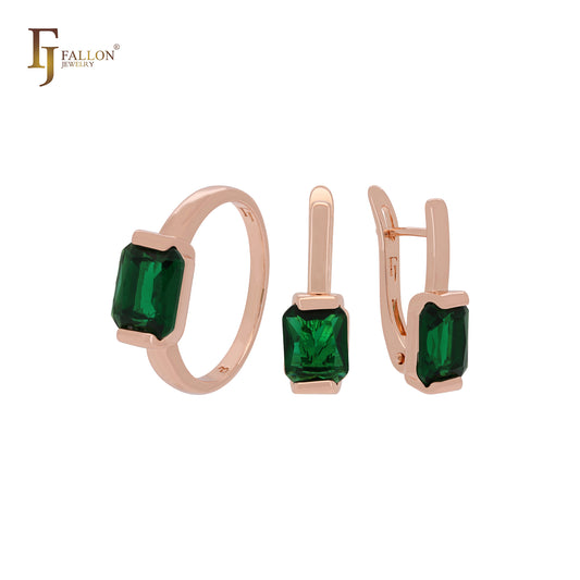Conjunto de joyas de oro rosa con solitario de corte princesa y circonita cúbica verde esmeralda con anillos