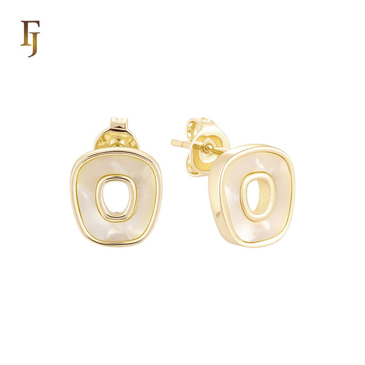 Irregular Hollow squared shaped of Black or White Onyx 14K Gold, Rose Gold Stud Earrings