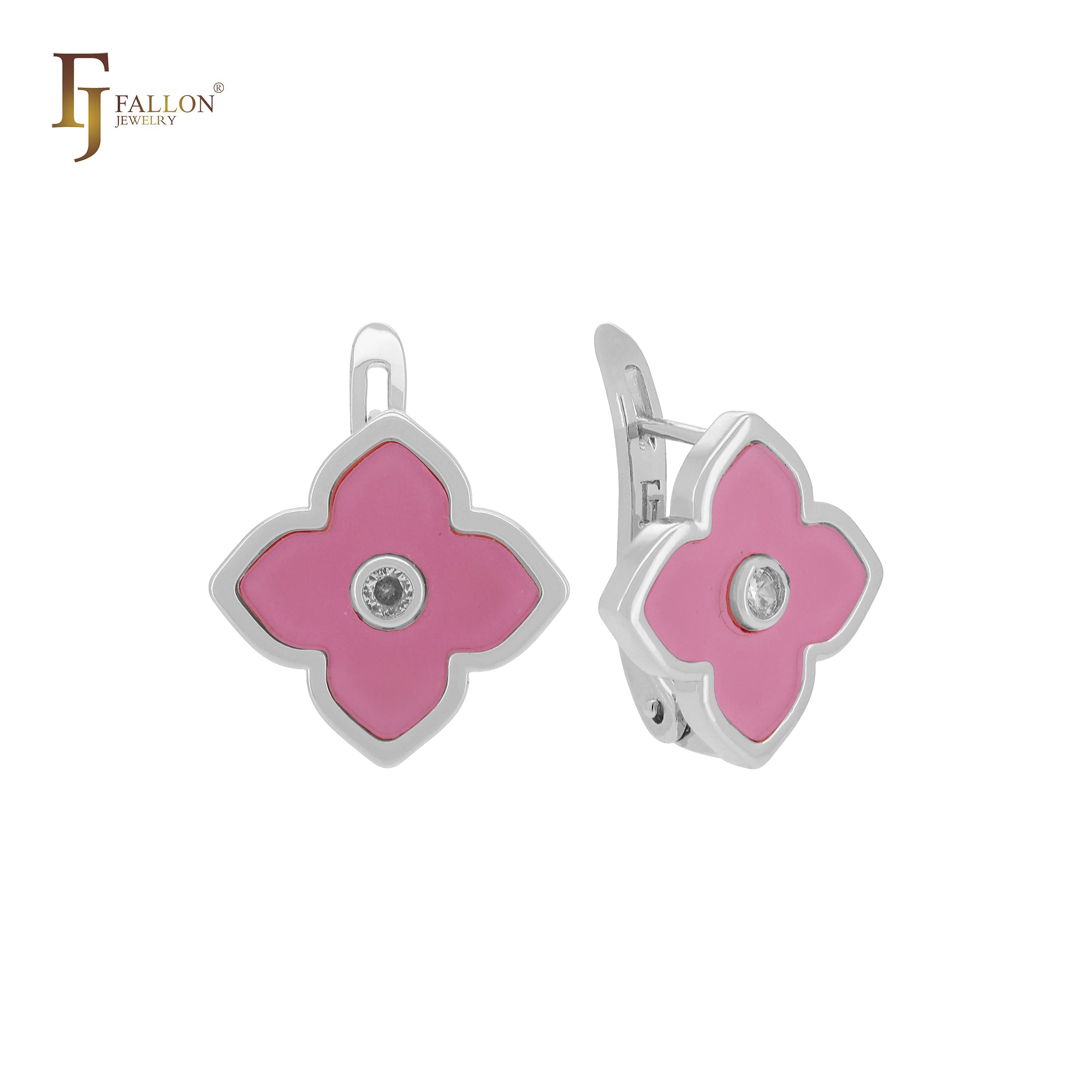 Pendientes de clip de oro rosa con trébol de la suerte de color blanco o negro de loto