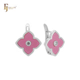 Pendientes de clip de oro rosa con trébol de la suerte de color blanco o negro de loto