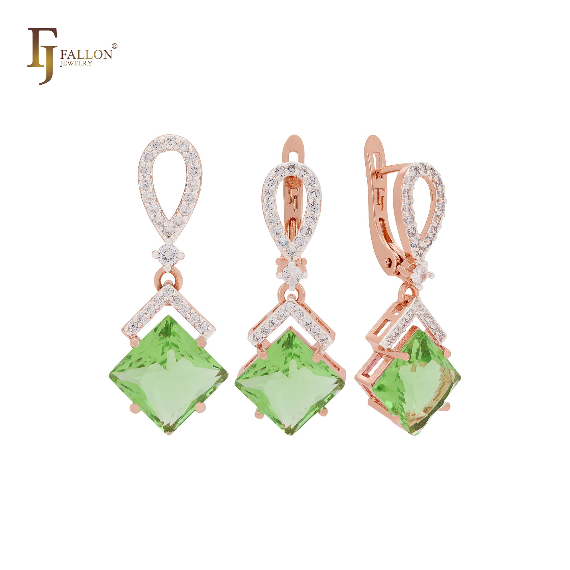 Conjunto de joyas de oro rosa con colgante en forma de rombo colgante de circonita azul lago con banda de circonitas blancas