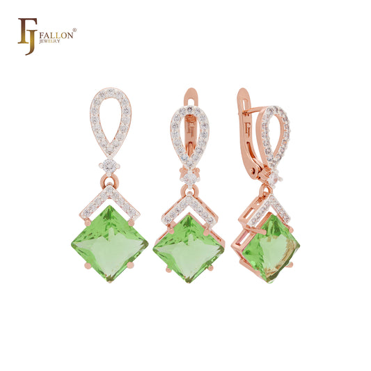 Conjunto de joyas de oro rosa con colgante en forma de rombo colgante de circonita azul lago con banda de circonitas blancas