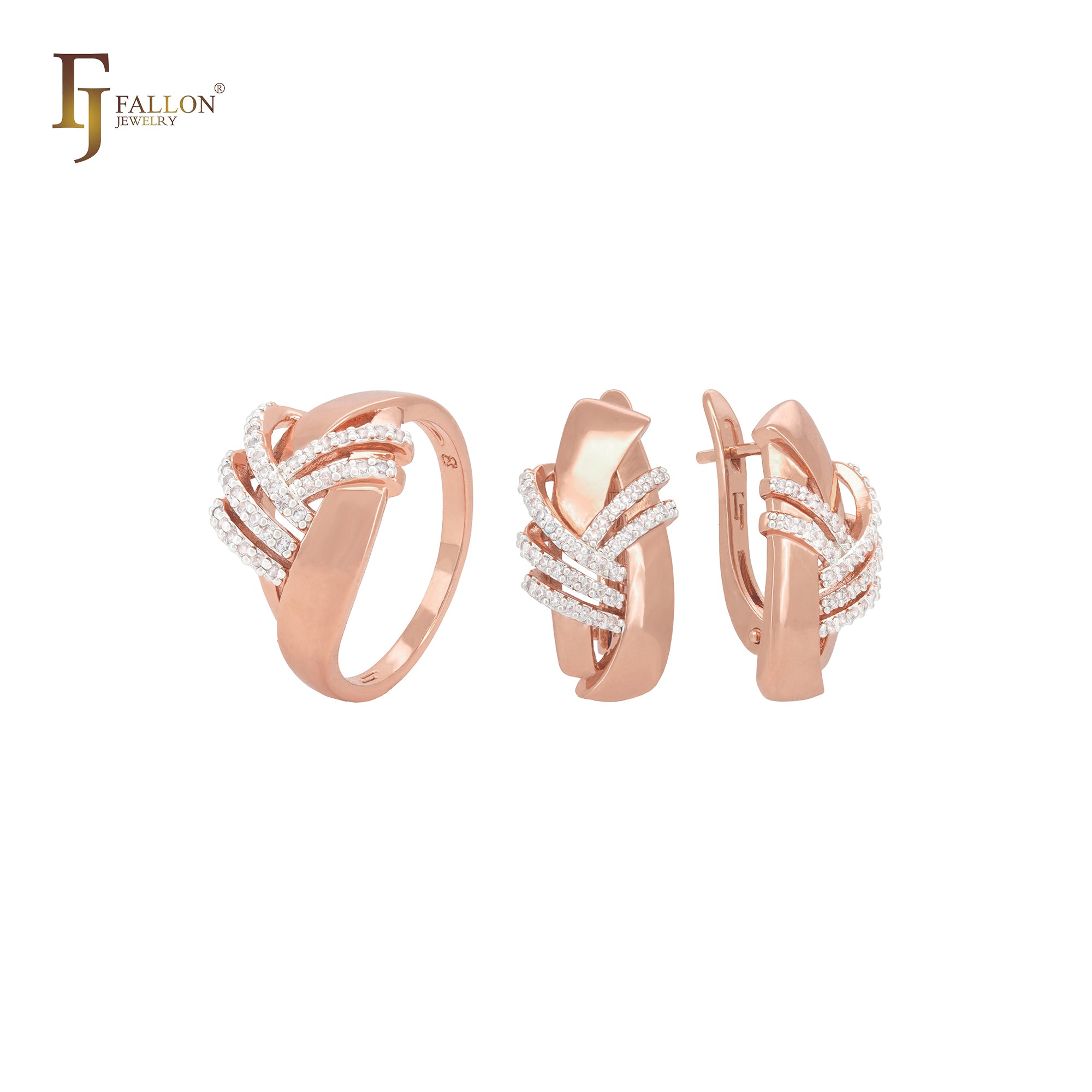 Lujoso conjunto de joyas de oro rosa con múltiples bandas y cintas entrelazadas y anillos