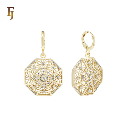 Pentagon Snowflake of white CZs 14K Gold Huggie drop Earrings