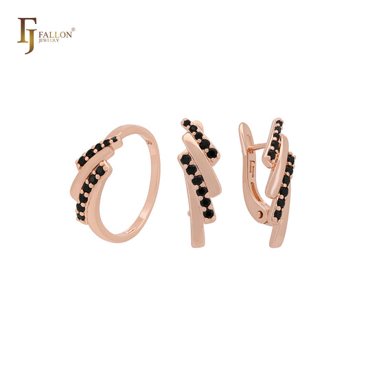 Conjunto de joyas de oro rosa de dos tonos con cuatro filas de circonitas blancas y anillos.