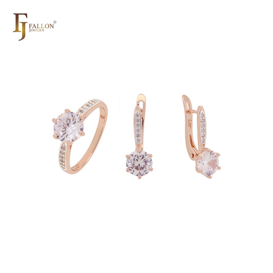 Elegante conjunto de joyas de dos tonos con circonitas cúbicas CZ redondas blancas o moradas y rosas, con anillos
