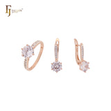 Elegante conjunto de joyas de dos tonos con circonitas cúbicas CZ redondas blancas o moradas y rosas, con anillos