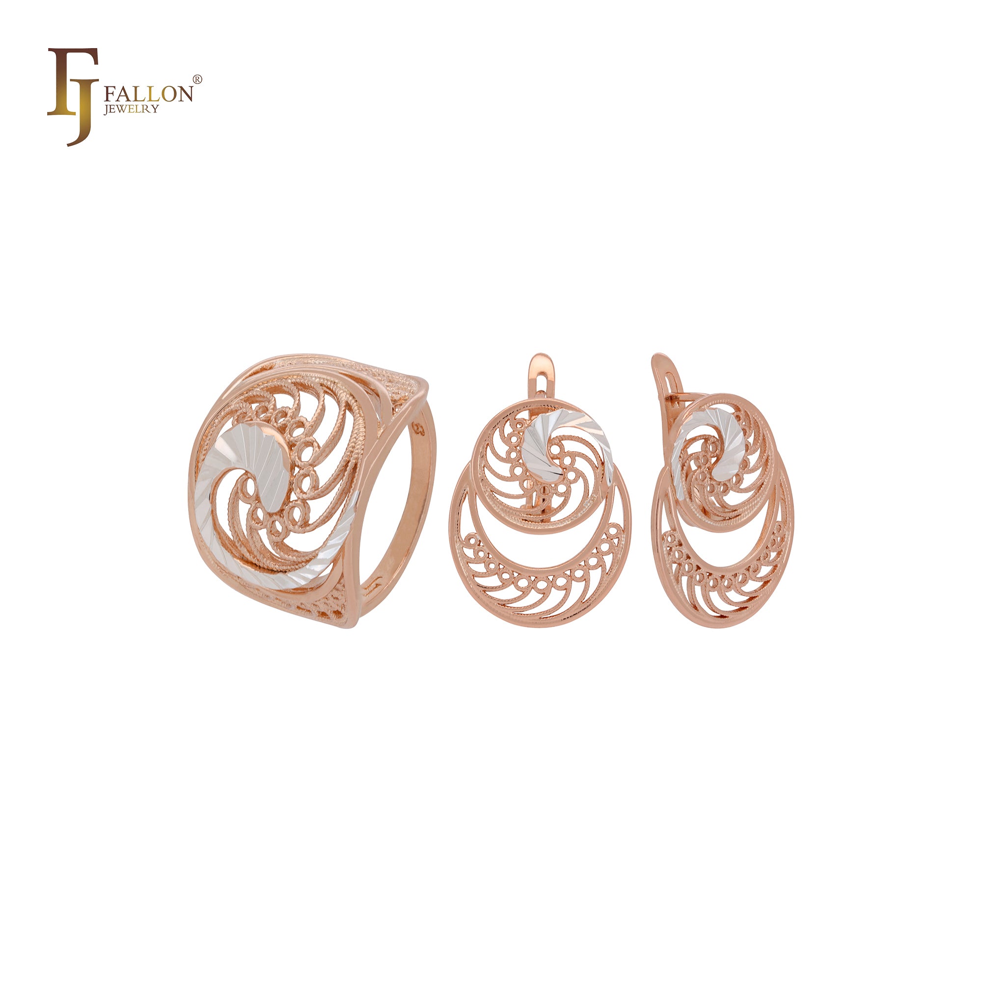 Conjunto de joyas de oro rosa en dos tonos con filigrana ancha y ondulada y anillos