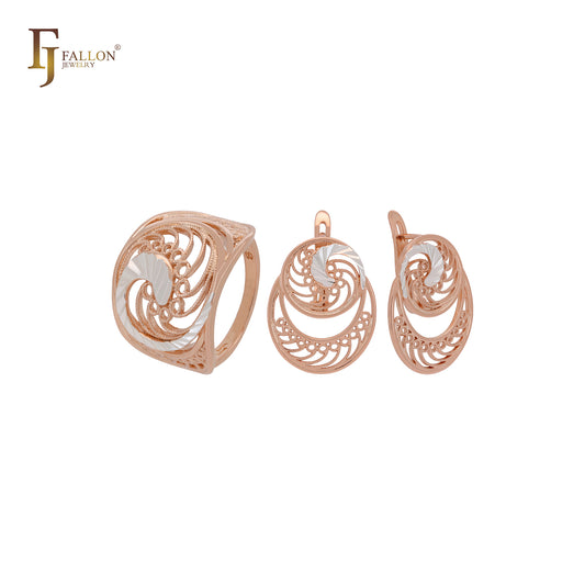 Conjunto de joyas de oro rosa en dos tonos con filigrana ancha y ondulada y anillos