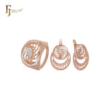 Conjunto de joyas de oro rosa en dos tonos con filigrana ancha y ondulada y anillos