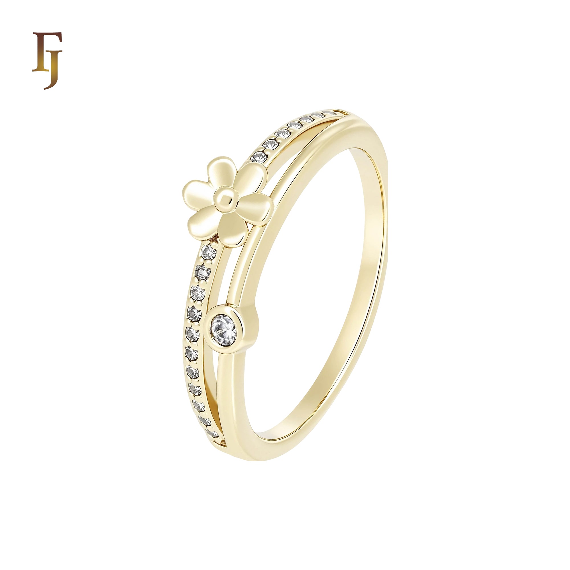 Double Band of white CZs Flower 14K Gold Fashion Rings