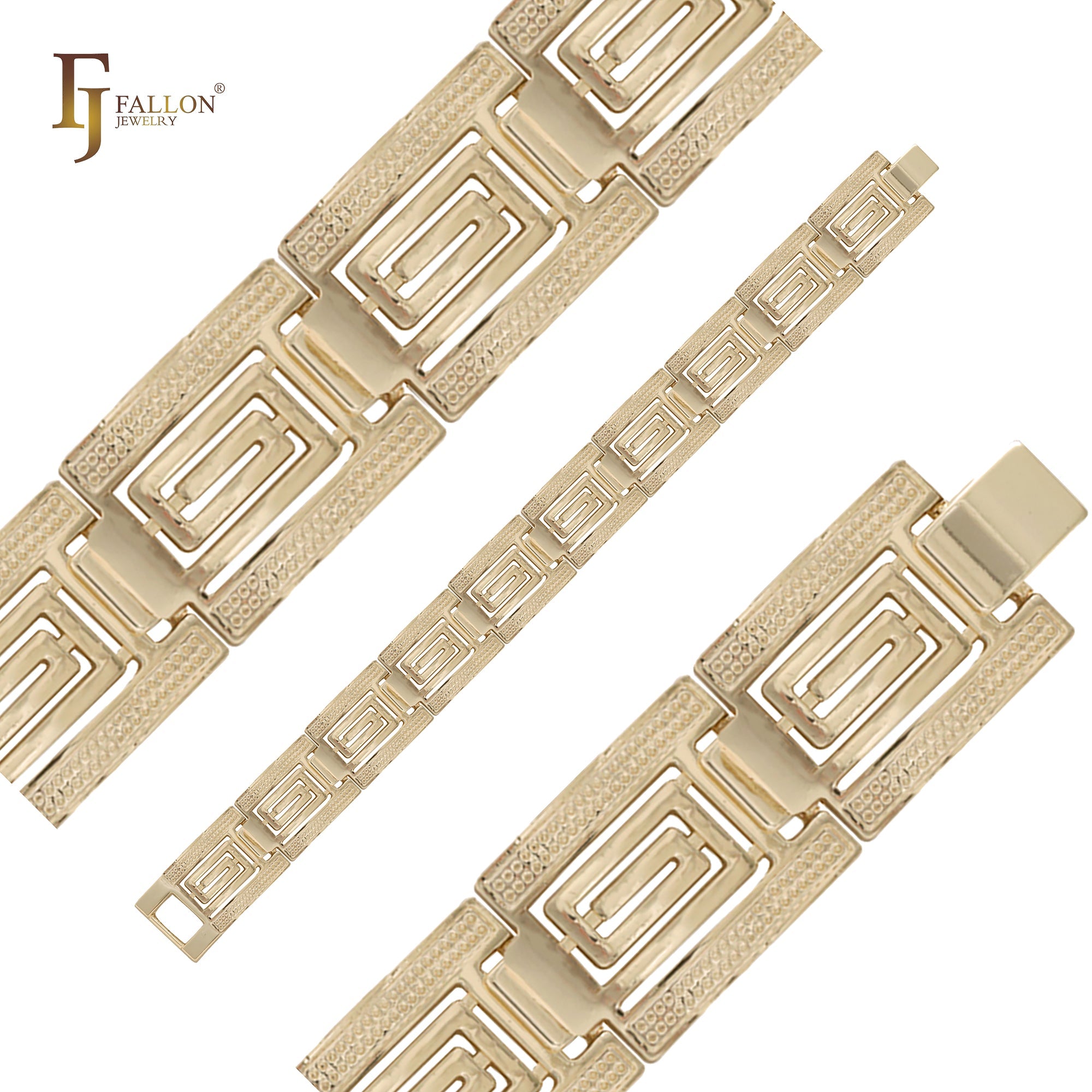Pulseras anchas de oro de 14 quilates con meandro de llave griega