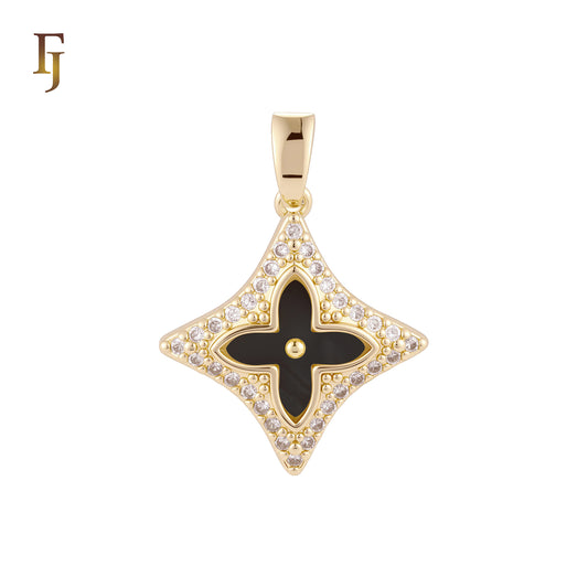 Lucky star Halo white CZs Clover of Black or white Onyx 14K Gold, Rose Gold Pendant