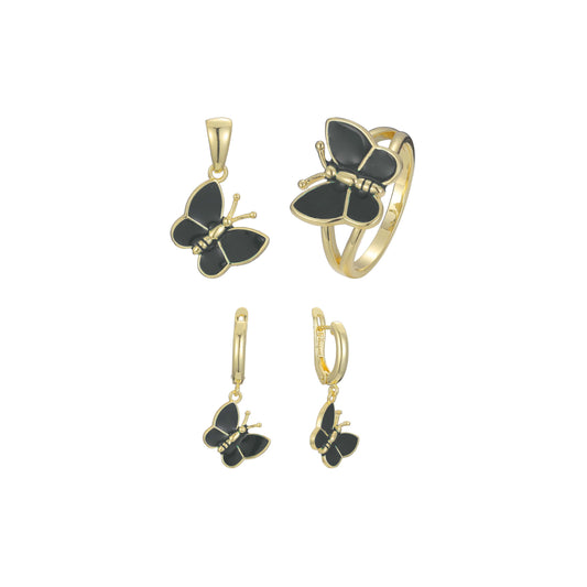 Conjunto de bisutería con dije y anillos de mariposa enchapados en oro de 14K