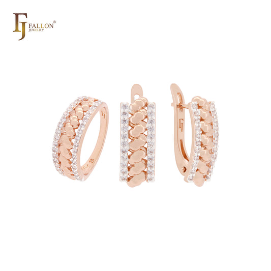 Conjunto de joyas de oro rosa en dos tonos con circonitas blancas geométricas tensadas y anillos