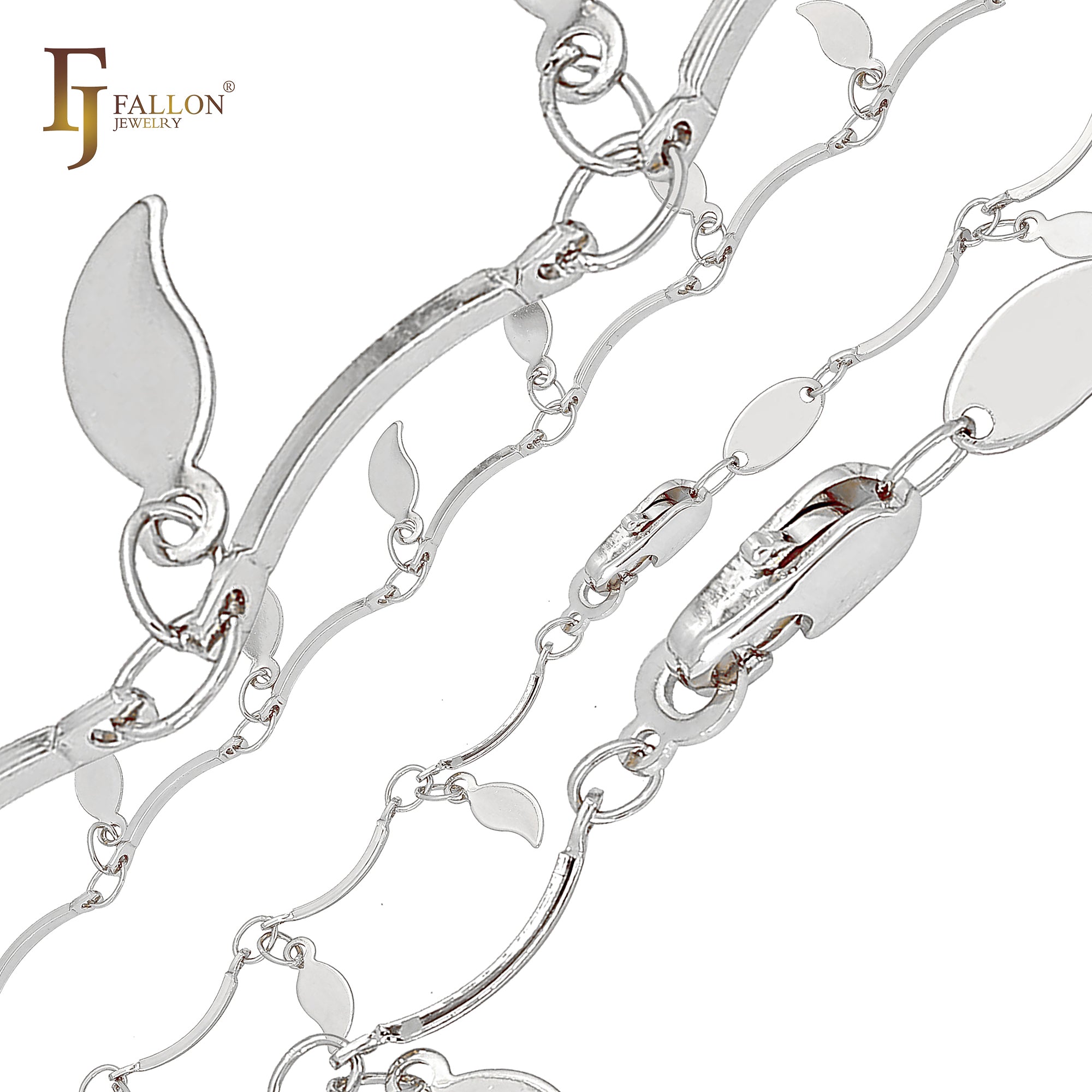 Hojas de fantasía y cadenas de eslabones de barra chapadas en oro blanco, Oro 14K, oro rosa