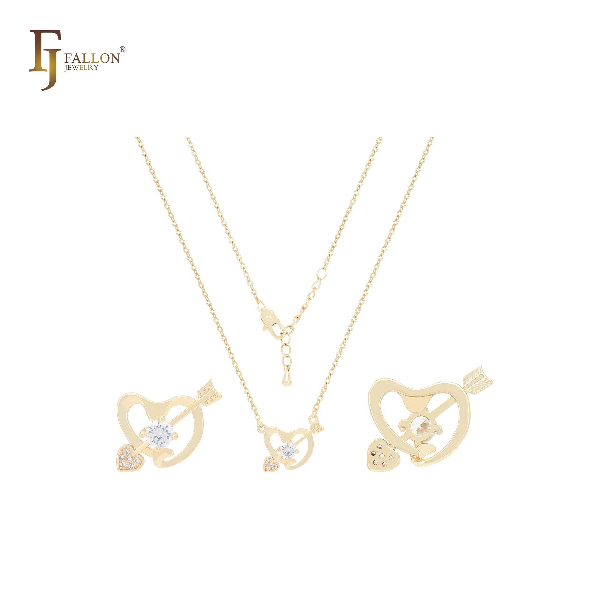 Collar de oro de 14 quilates con corazón de circonita blanca solitaria y flecha de Cupido del amor.