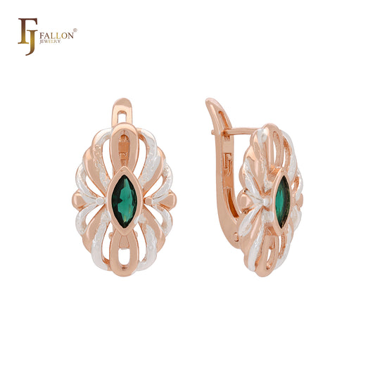 Pendientes de clip en dos tonos de oro rosa con circonitas cúbicas talla marquesa verde esmeralda y solitarios de alambre ovalado.