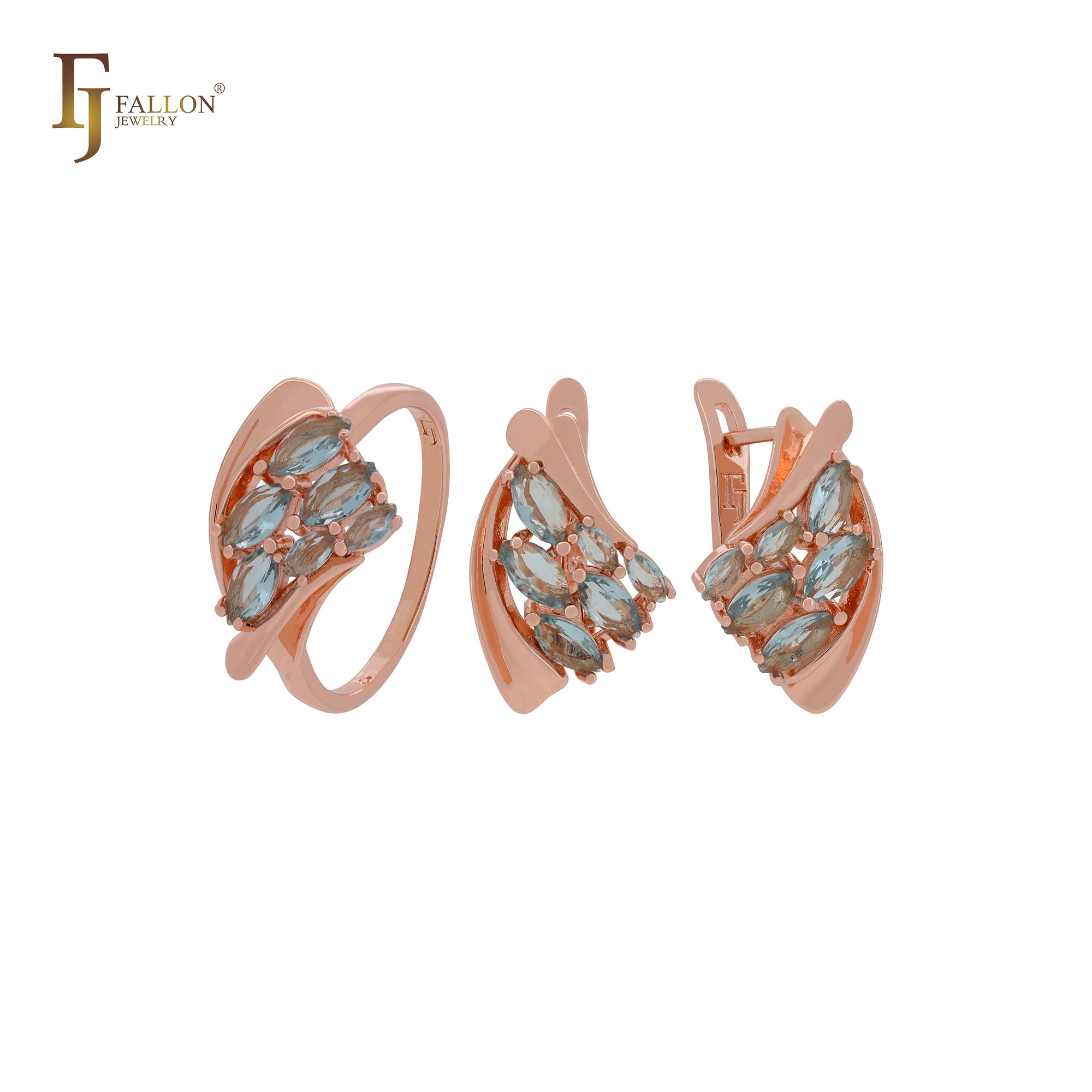 Conjunto de joyas de oro rosa con mil lujosos circonitas cúbicas en racimo de marquesa azul lago y anillos