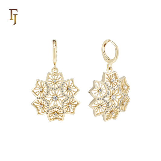 Drop Great Flower of radiant snowflake 14K Gold Huggie Earrings