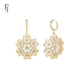 Drop Great Flower of radiant snowflake 14K Gold Huggie Earrings