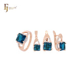 Conjunto de joyas de oro rosa en dos tonos con circonitas cúbicas y esmeralda cuadrada, anillos y colgante